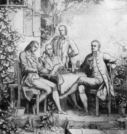 Weimarer Klassik. Schiller, Wilhelm und Alexander von Humboldt und Johann Wolfgang von Goethe in Jena, um 1797
